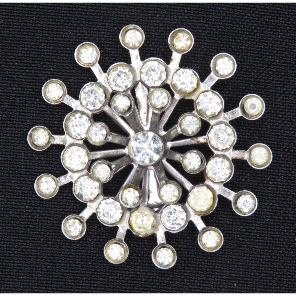 Vintage Starburst Rhinestone Brooch Pin Silver Tone, Clear Rhinestones, Gift Box